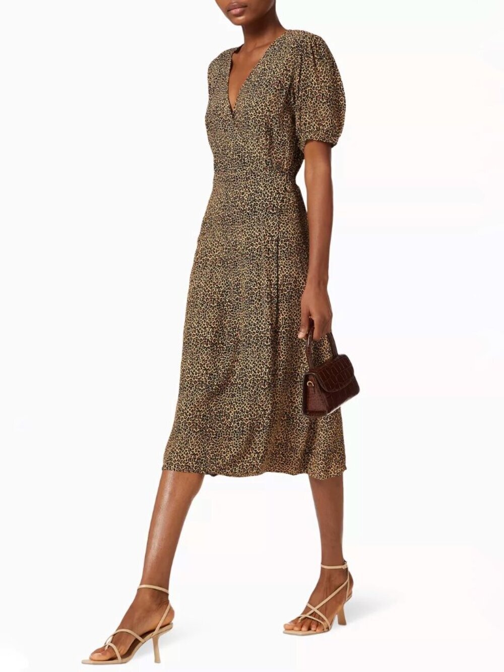 NWT FAITHFULL THE BRAND Sumaia Leopard Crepe Puff Sleeve Midi Wrap Dress, Size M
